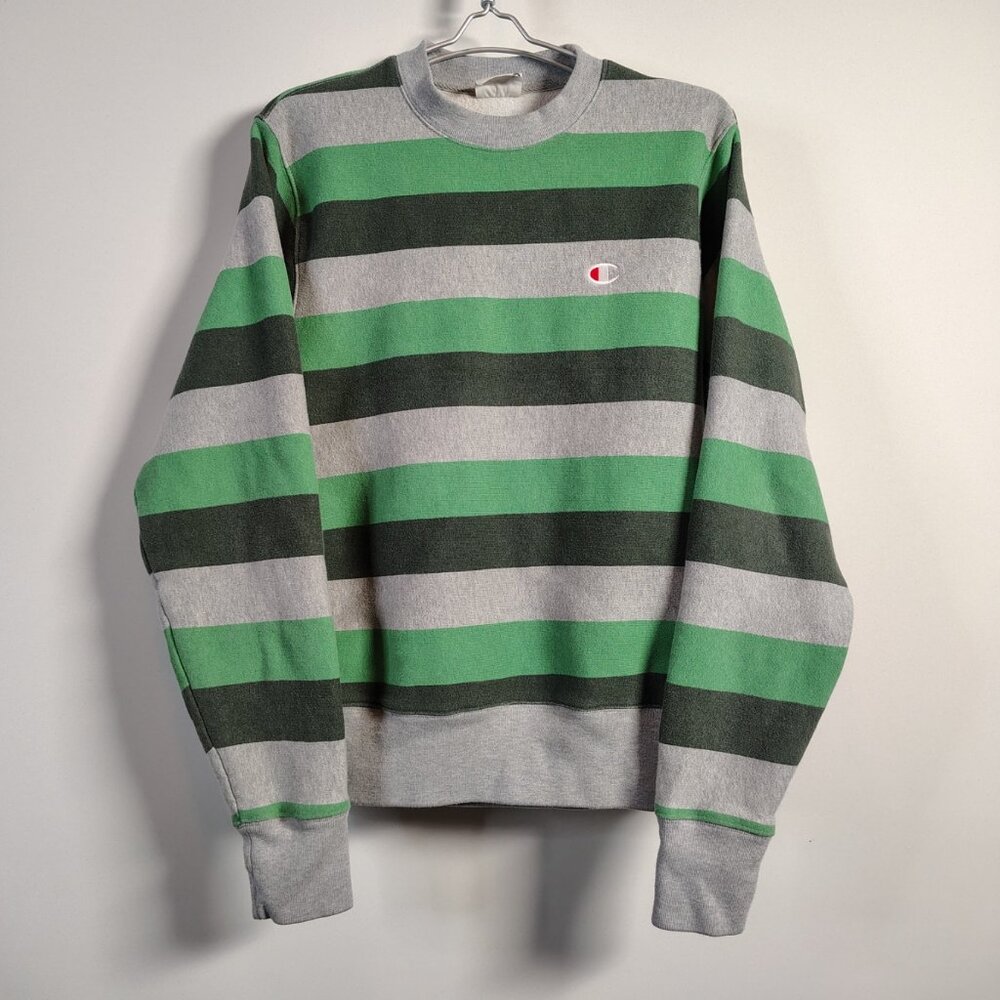 Champion Reverse‎ Weave Sweatshirt Grey Green Striped Crewneck Mens Large